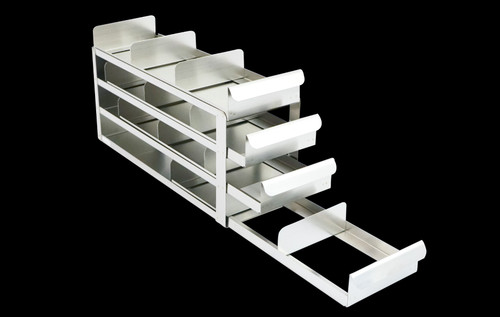 stainless steel laboratory freezer rack with sliding trays for 2 inch cryo boxes four high by three deep 