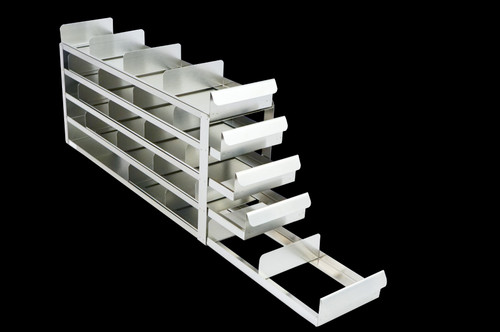 [FR-A-SL-2-20] stainless steel laboratory freezer rack with sliding trays for 2 inch cryo boxes five high by four deep 