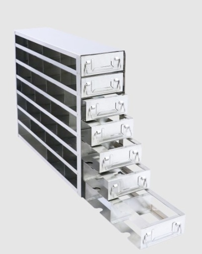 [FR-DRW-2-28] stainless steel laboratory freezer drawer rack for 2 inch cryo boxes 7 tall by 4 deep 