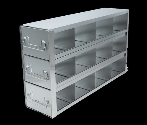 [A-FRD-3T-12] stainless steel laboratory drawer freezer rack for 3 75 inch cryo boxes 12 boxes in a four deep by three high configuration 