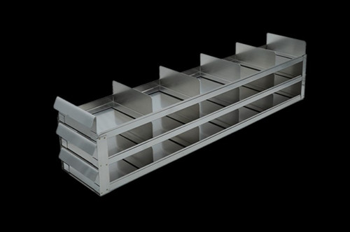 [FR-A-SL-22-15] stainless steel laboratory freezer rack with sliding trays for 2 inch freezer boxes three high by five deep 