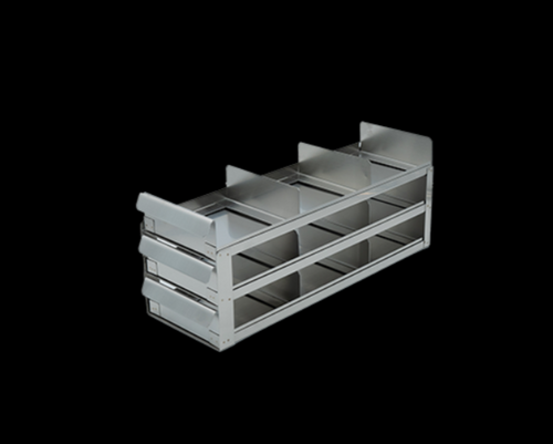 [FR-A-SL-2-9] stainless steel laboratory freezer rack with sliding trays for 2 inch cryo boxes three high by three deep 