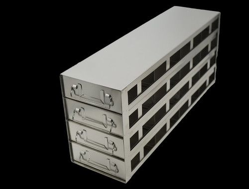 [FR-DRW100-44-16] stainless steel laboratory freezer drawer rack for 100 place plastic hinged lid cryo boxes 